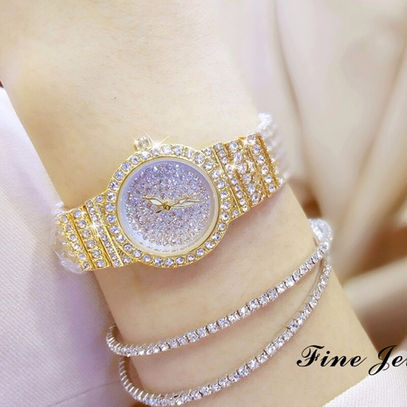 Damskie złote zegarki luksusowe okrągła tarcza stalowy pasek bransoletka kryształowy diament zegarek kobieta zegarek damski analogowy zegar kwarcowy