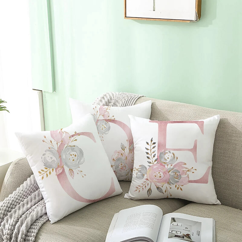 Funda de almohada de poliéster con letra rosa para sofá, decoración de Feliz Navidad para el hogar