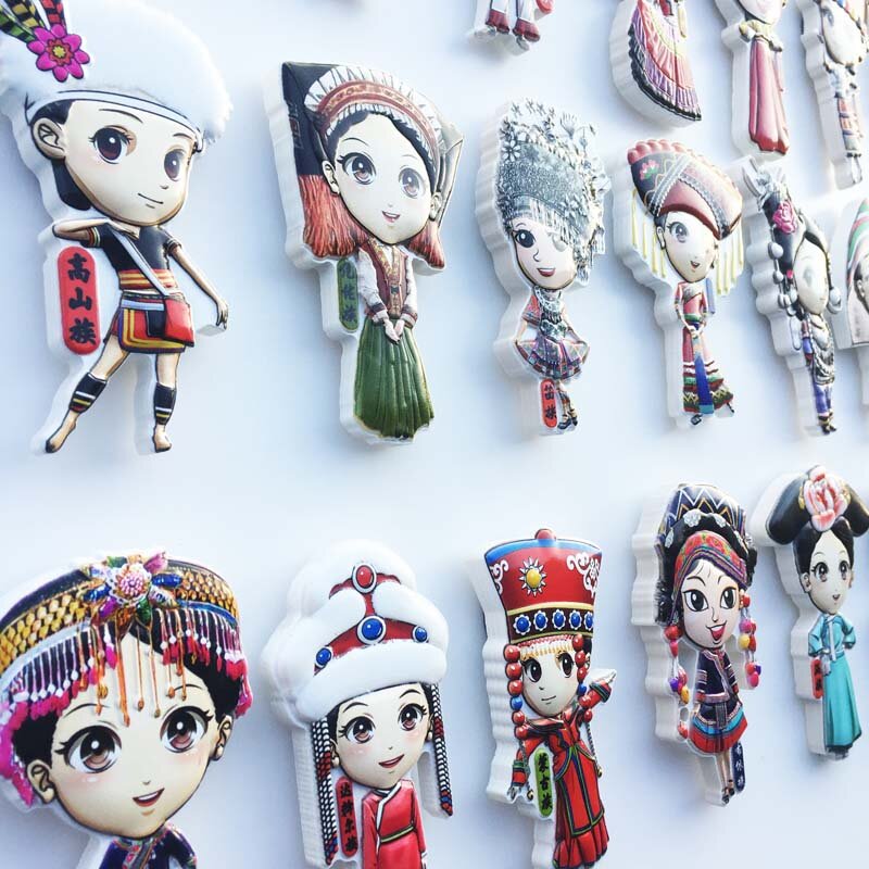 QIQIPP – autocollants de réfrigérateur magnétique, beauté chinoise de tous les groupes ethniques, costumes nationaux créatifs, artisanat décoratif en résine