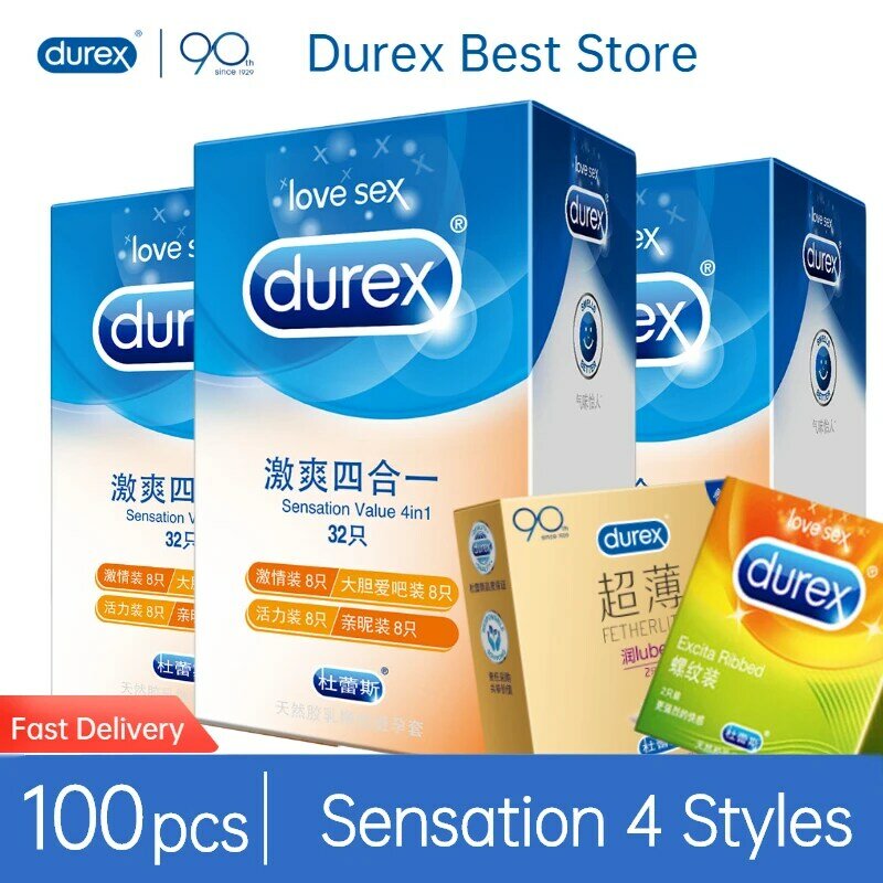 Durex 100 unids/pack sensación valor 4in1 Ultra delgada Sexy lubricado Condones sexo juguetes aprueba para hombres sabor a vainilla