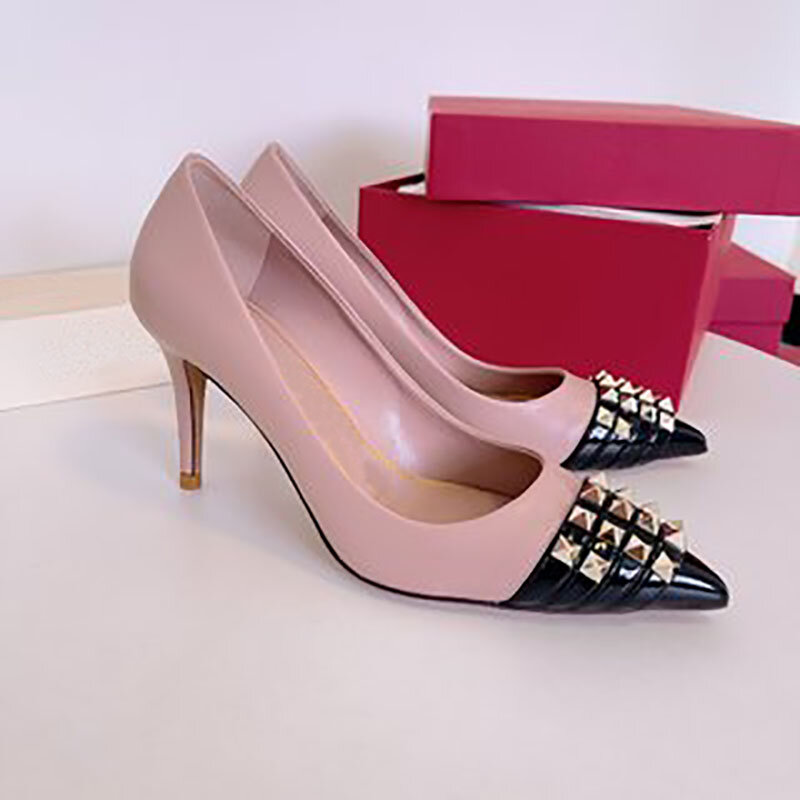 Baru Sepatu Hak Tinggi Wanita Dekorasi Keling Warna Cocok Mulut Dangkal Stiletto Hak Tinggi 8CM Gaun Tempat Kerja Ukuran 35-42