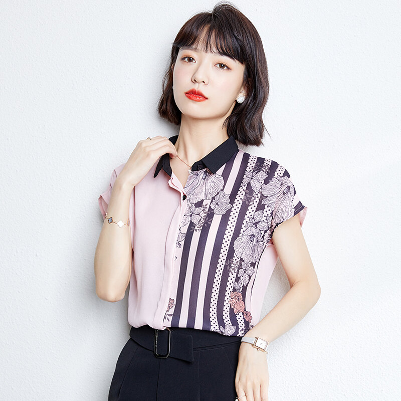 Korean Women Shirt Chiffon Blouses for Women Short Sleeve Shirts Female Top Pink All-match Blouse Tops Plus Size Woman Blouse OL
