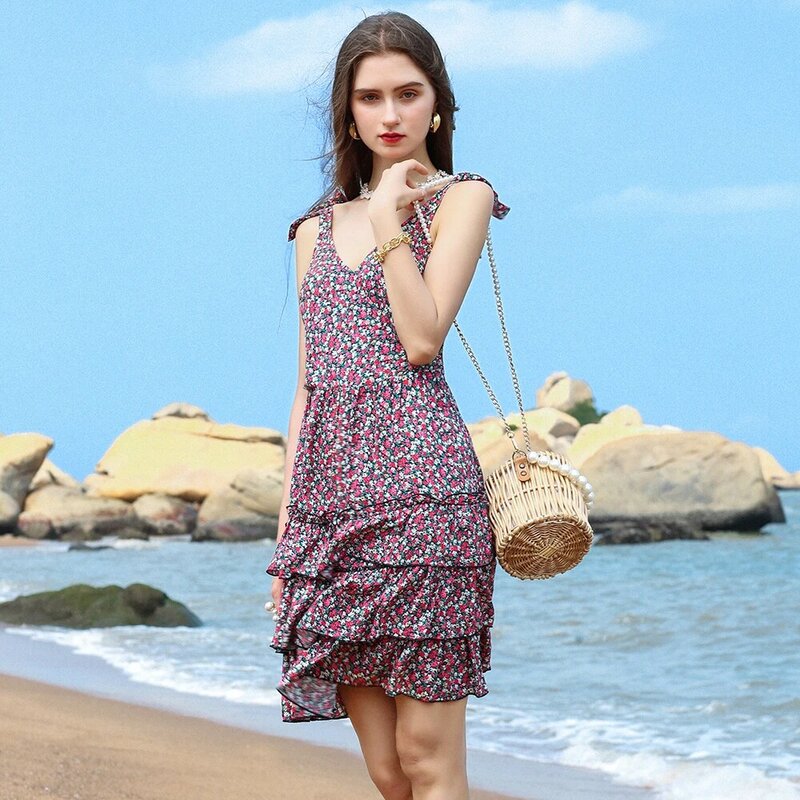 CGYY-vestido de verano con estampado Floral para mujer, vestido Sexi femenino de ganchillo con diseño de lazo fruncido, para playa, 2021