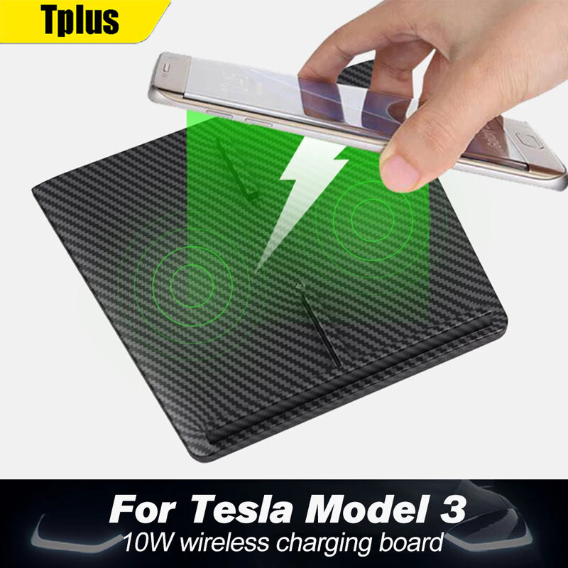 Cargador inalámbrico de coche para Tesla modelo 3/modelo Y, soporte Dual para teléfono, Cargador rápido inalámbrico, accesorios USB inteligentes de fibra de carbono