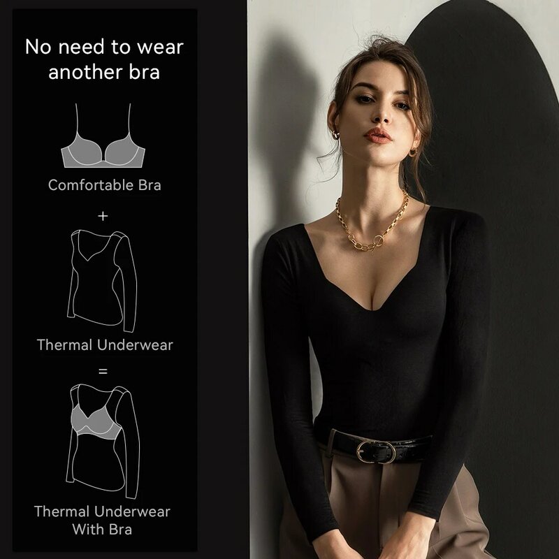 VANZTINA Women's thermal underwear with push up bra winter Thermo lingerie ropa termica warm deep V Neckline base shirt