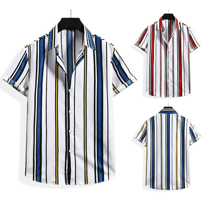 61 # männer Kleidung Casual Gestreiften Gedruckt Lose Männer T Shirt 2021 Mode Hawaiian Kurzarm Shirt Top Bluse Sommer ropa Hombre