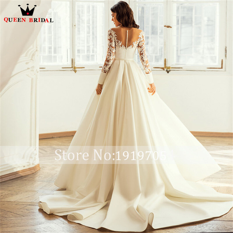 Luxury Ball Gown Wedding Dresses Long Sleeve Satin Lace Appliques Crystal Formal Bridal Gown 2022 New Design Custom Made DS63