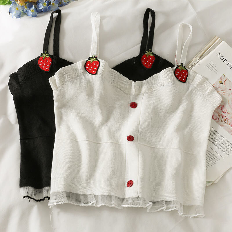 Sweet Lolita Style  Knitted Camisoles Women Strawberry Embroidery Cute Mesh Ruffles Crop Tank Tops Girls Harajuku Camis Y2k New