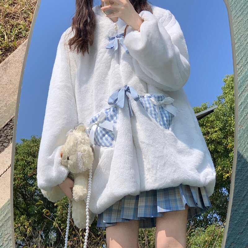 Musim Dingin Lembut Anak Perempuan Lucu Telinga Kucing Bertudung Ritsleting Tebal Jaket Mewah untuk Wanita Antik Lengan Panjang Kawaii Mantel Jk Lolita Pakaian Luar