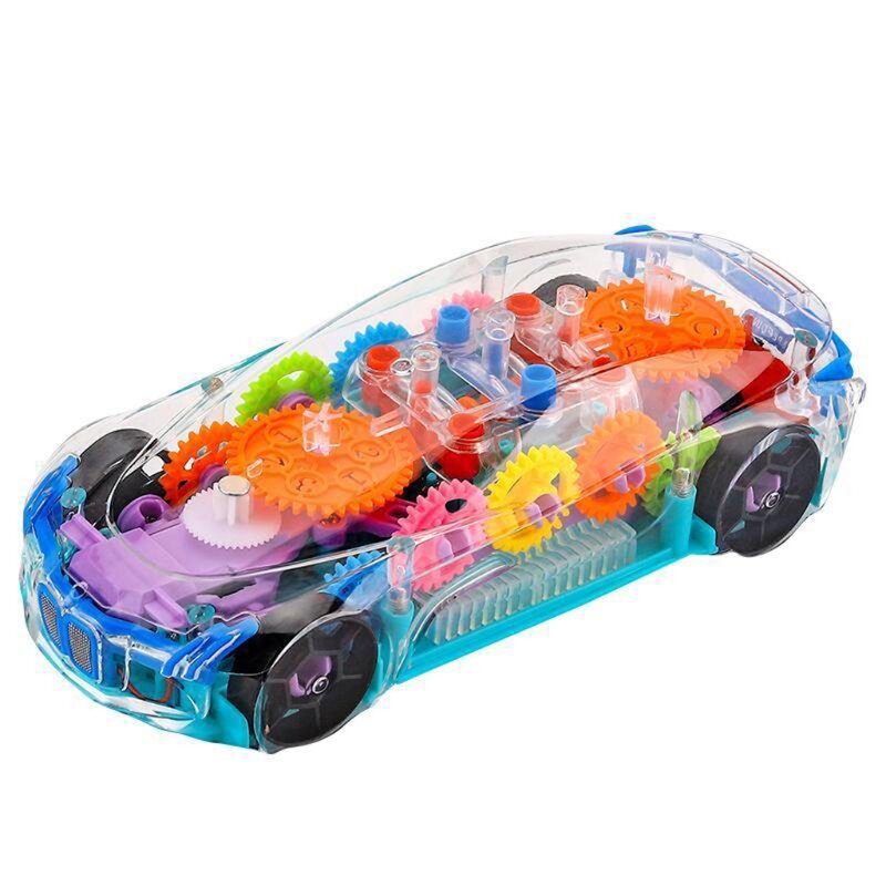 H7jb carro de brinquedo elétrico universal engrenagem conceito mecânico luz colorida música dos desenhos animados carro de brinquedo transparente