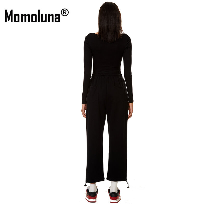 Momoluna Woman Front Ring Long Sleeve Hollow Out Bodycon V Neck Bodysuit Romper