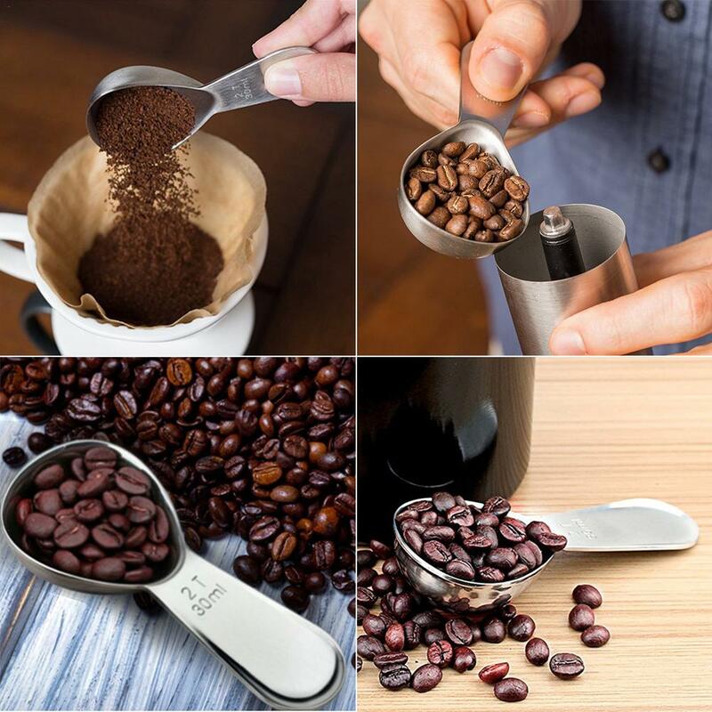 Cuchara medidora de acero inoxidable, herramienta de medición de taza de café con escala, herramientas creativas de cocina para leche y café, 2 uds.