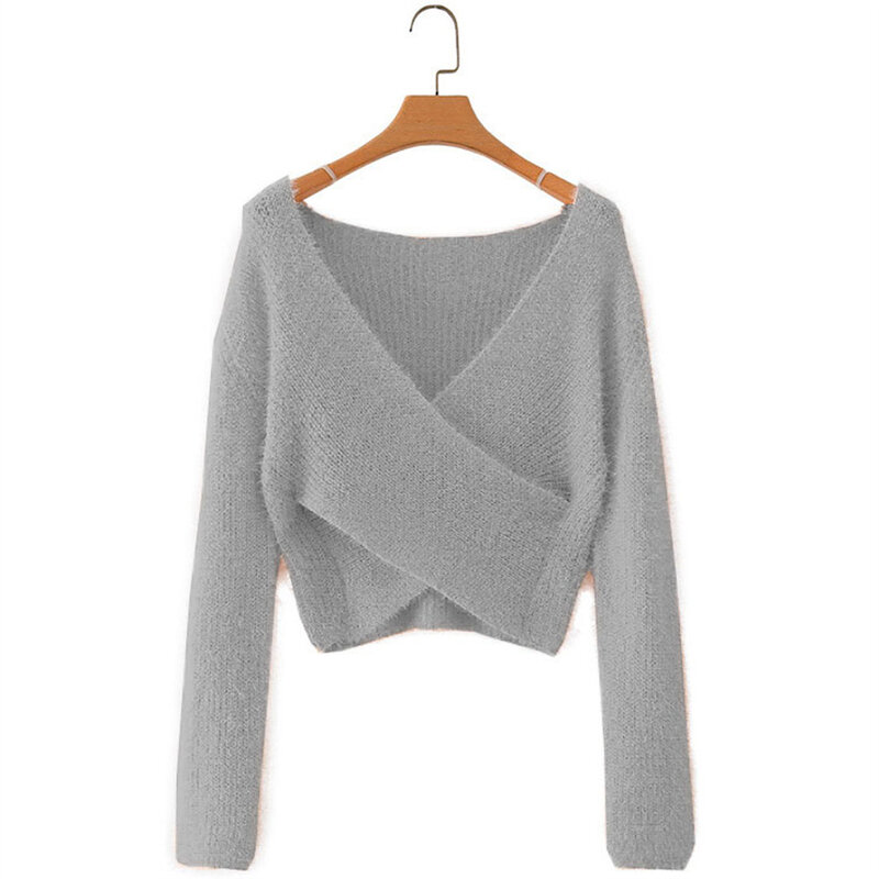 Suéter minimalista de Color sólido para mujer, Jersey grueso de manga larga con cuello en V profundo, ropa informal para oficina