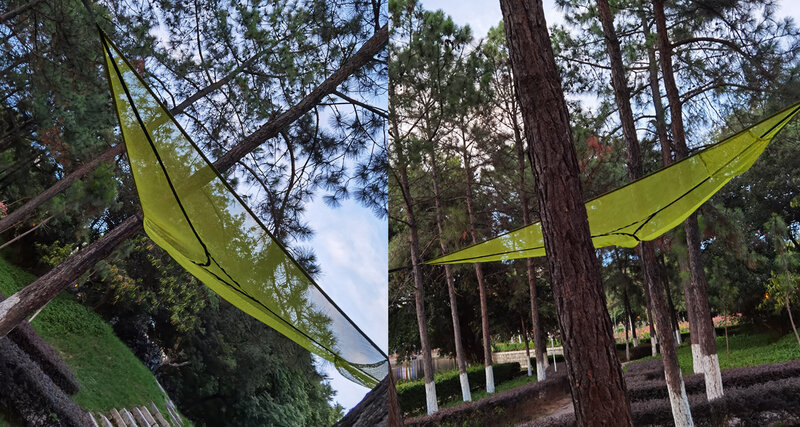 Camping Гамак หลายคนแบบพกพา Outdoor Hammock สุทธิสามเหลี่ยม Aerial Mat ผ้าร่มชูชีพแขวนเตียงการล่าสัตว์ Air Sky เต็นท์