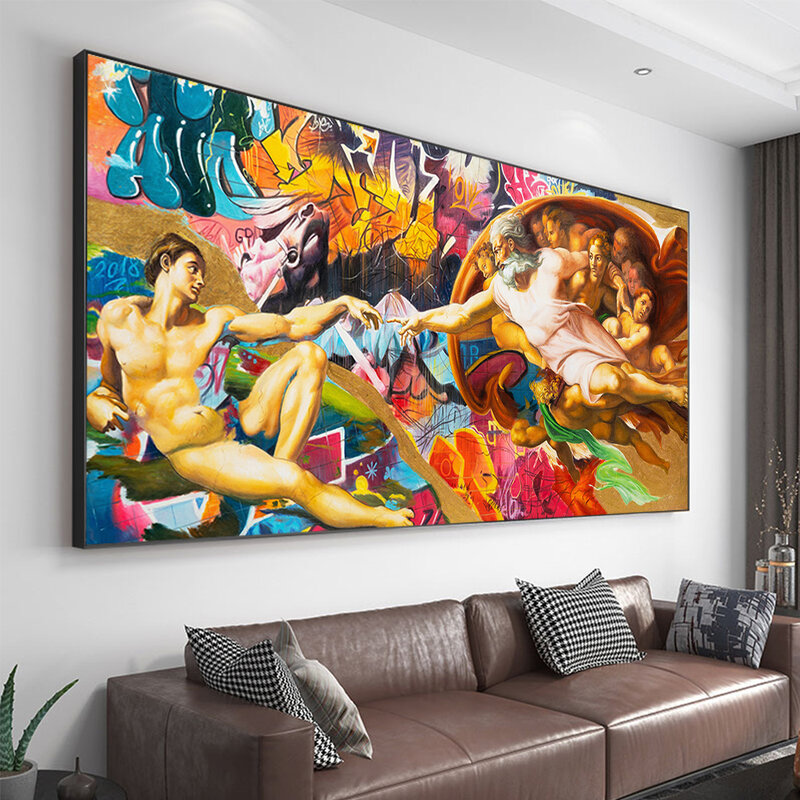 God  Child Graffiti Abstract Canvas Art Classical Oil Painting  Creation Of Adam Wall Picture For Living Room Modular Pictures