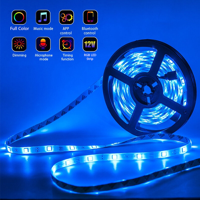 Bande lumineuse LED RGB, Bluetooth, 1M-10M, télécommande + adaptateur, Flexible, 5050 SMD 2835