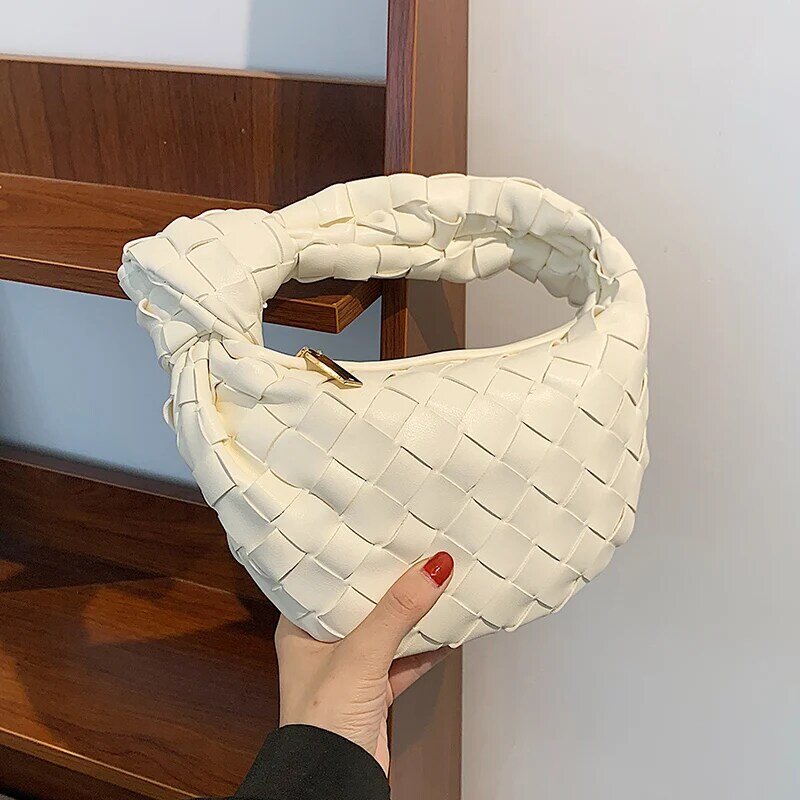 Bolsa pequena de couro para mulheres, bolsa pequeno de luxo estilosa com alça superior para tecer, bolsa macia de tricô simples, 2021