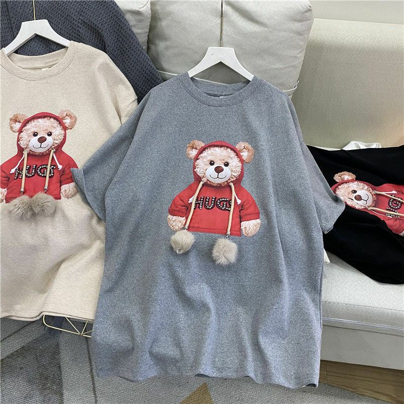Harajuku Fur Ball Tshirt Summer Women Cotton Half Sleeve Round Neck T-Shirts Korean Style Kawaii Cute Bear Female Clothes Tops