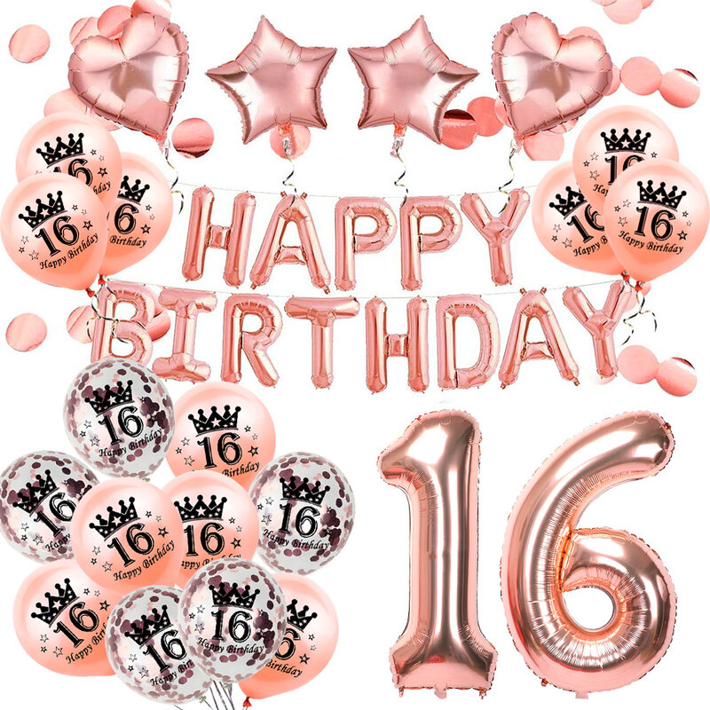 Amwill doce 16th aniversário clube rosa balões de ouro 16 anos de idade feliz aniversário decorações da festa dezesseis aniversário bola suprimentos