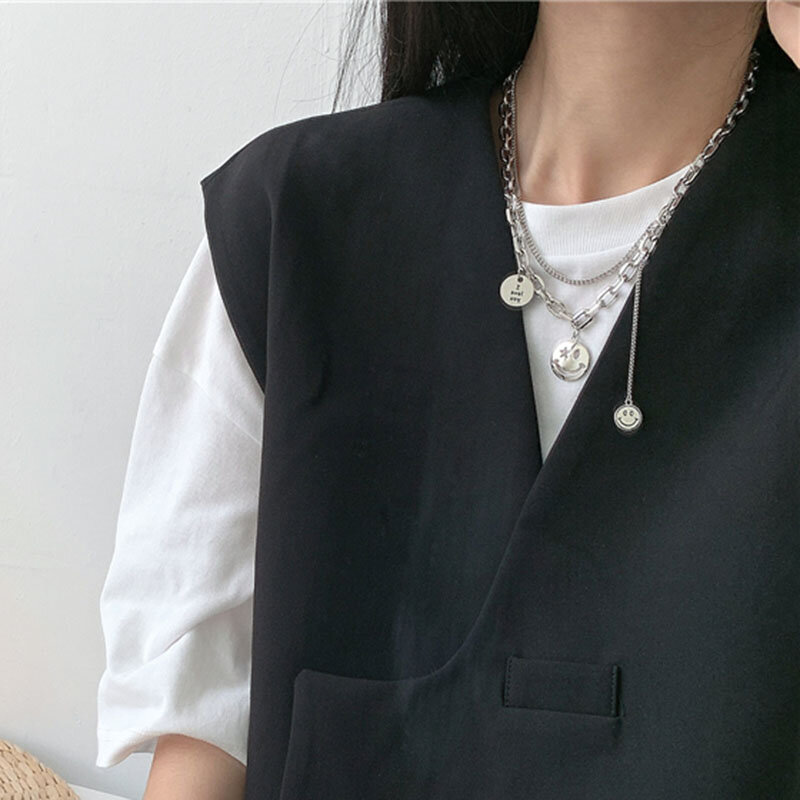XIYANIKE Ins-Collar de plata de ley 925 para mujer, cadena de clavícula con cara sonriente hecha a mano, joyería de plata tailandesa