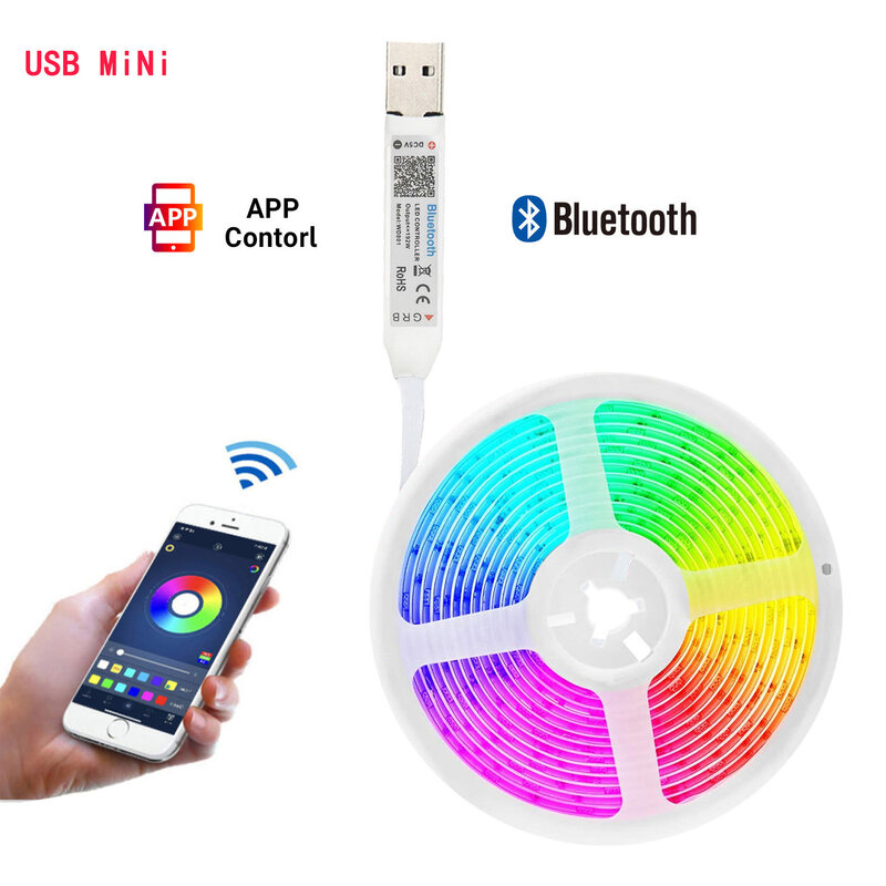 Bande lumineuse Led RGB 5050, 5m, USB, Mini, Bluetooth, contrôle par application, lampe de nuit étanche, Flexible, 4M, 3M, 2M, 1M
