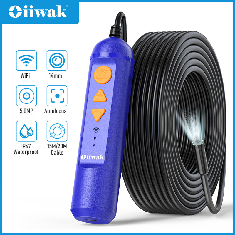 Oiiwak-minicámara endoscópica WiFi, boroscopio inalámbrico de enfoque automático de 5MP, lente de 14mm y 1944P, cámara de serpiente para alcantarillado, drenaje y fontanería