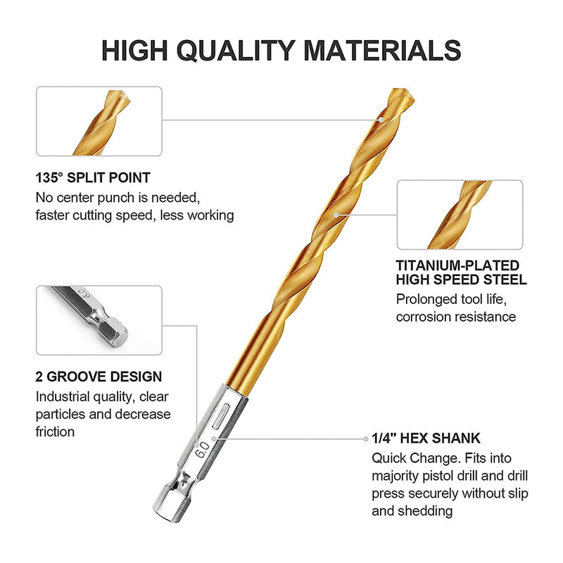 13PCS punta elicoidale HSS punta elicoidale rivestita in titanio ad alta velocità in acciaio per legno Plastic1/4 codolo esagonale 1.5-6.5mm punta elicoidale
