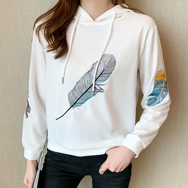 女性のカジュアルなスウェットシャツ,韓国の羽毛の刺繍が施された白い長袖パーカー,ゆったりとした女性のトップ,873c,2021