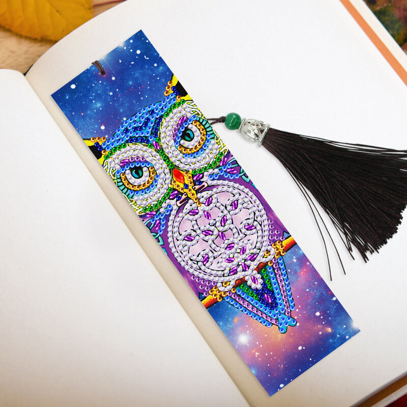 2 Ps 5D Penanda Buku Kulit Cat Berbentuk Berlian Khusus Bordir Berlian Kartun Burung Hantu Rumbai Tag Buku untuk Buku Hadiah Tahun Baru