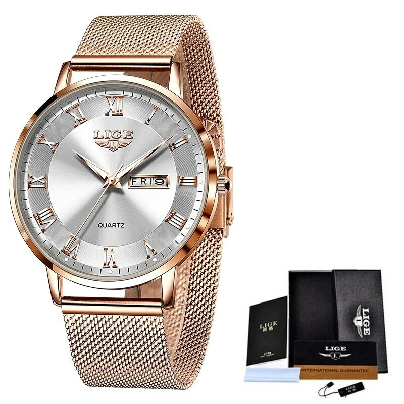 LIGE Luxury แบรนด์นาฬิกาผู้หญิงควอตซ์นาฬิกาแฟชั่นสุภาพสตรีนาฬิกาสแตนเลสปฏิทินกันน้ำนาฬิกาข้อม...