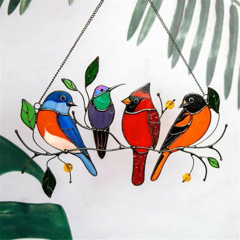 Multicolor Birds on a Wire High Stained Metal Suncatcher Window Panel Art 4/7 Bird Series Ornaments Pendant Home Decoration