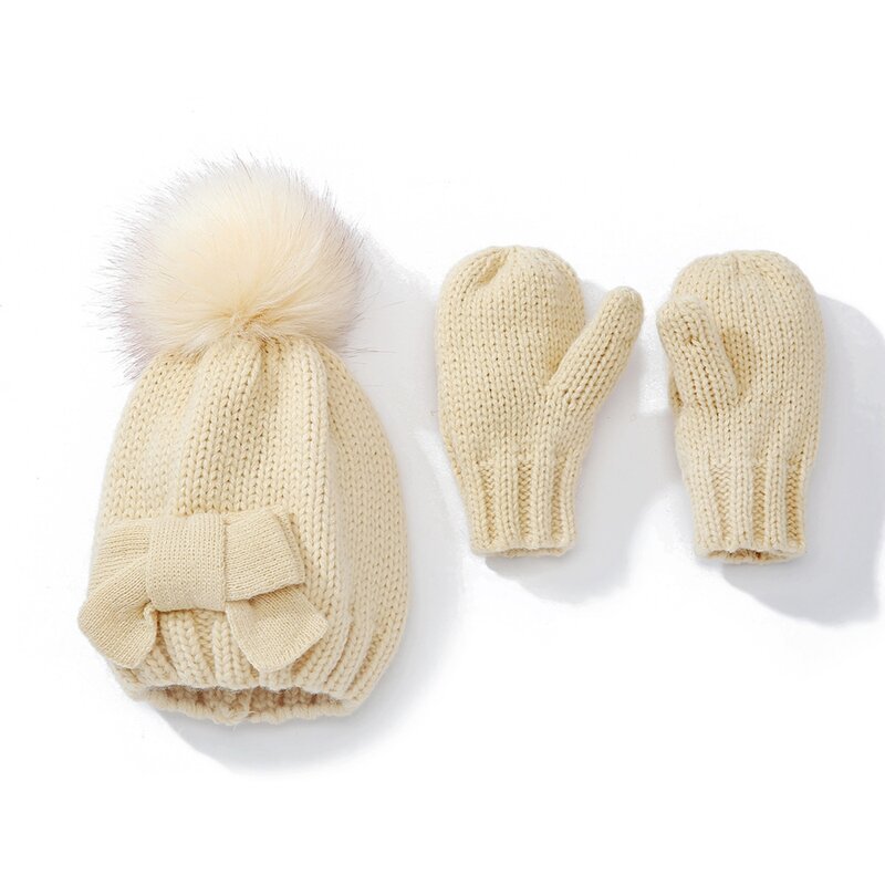 Berretti e guanti in lana a maglia tinta unita per neonato Set di due pezzi simpatici fiocchi all'uncinetto cappello caldo per neonato accessori per capelli copricapo per bambini
