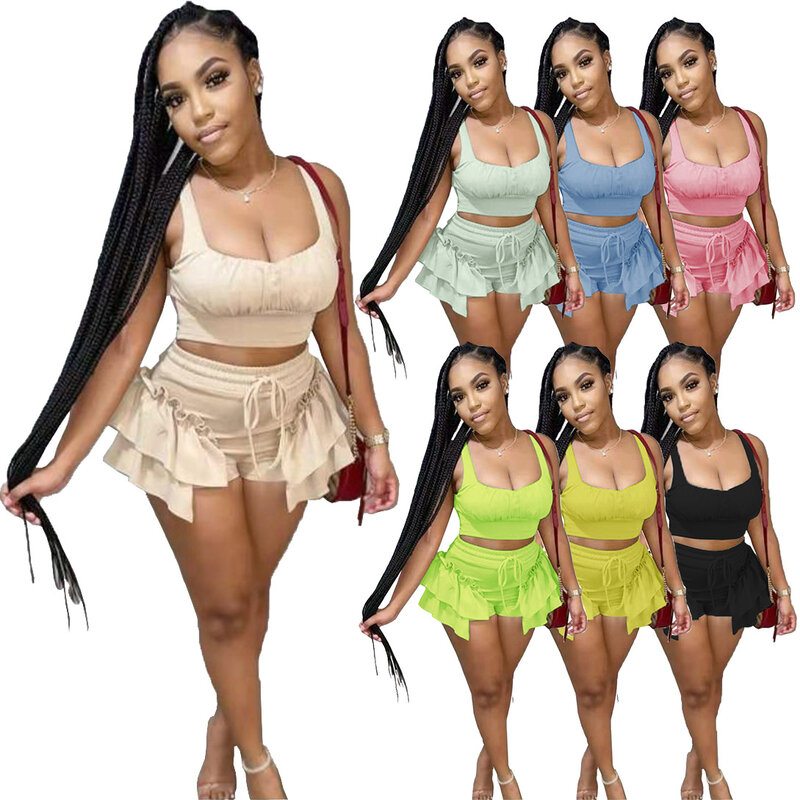 Ruffles Halter Crop Top+ Shorts Sets Two 2 Piece Set Women Party Club Outfits 2021 Vacation Summer Clothes Femmer Streetwear