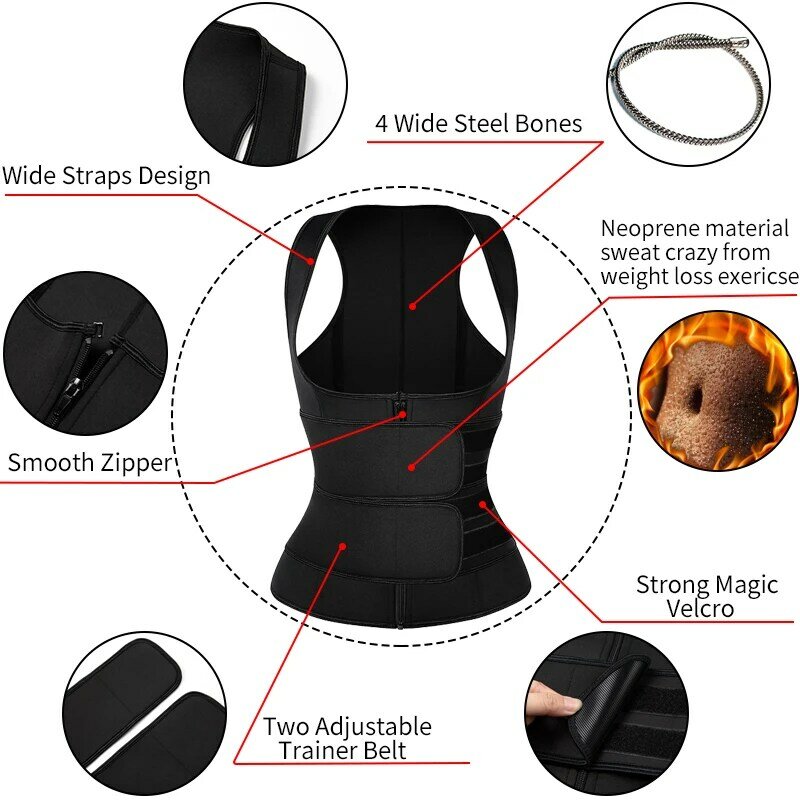 Neoprene Body Shaper donna vita Trainer corsetto gilet con cerniera canotta Cincher con cinturini regolabili Shapewear in vita