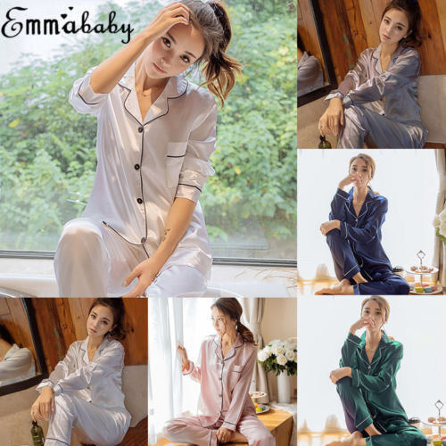 Pyjama en Satin de soie pour femmes, ensemble chemise à manches longues et pantalon Long, vêtements de nuit, survêtement ample, 2019