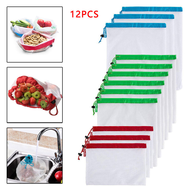 Shopping Bags Reusable Ecological Mesh Bag For Storage Fruit Vegetables Toys Washable And Breathable 3 Various Sizes 12 pieces