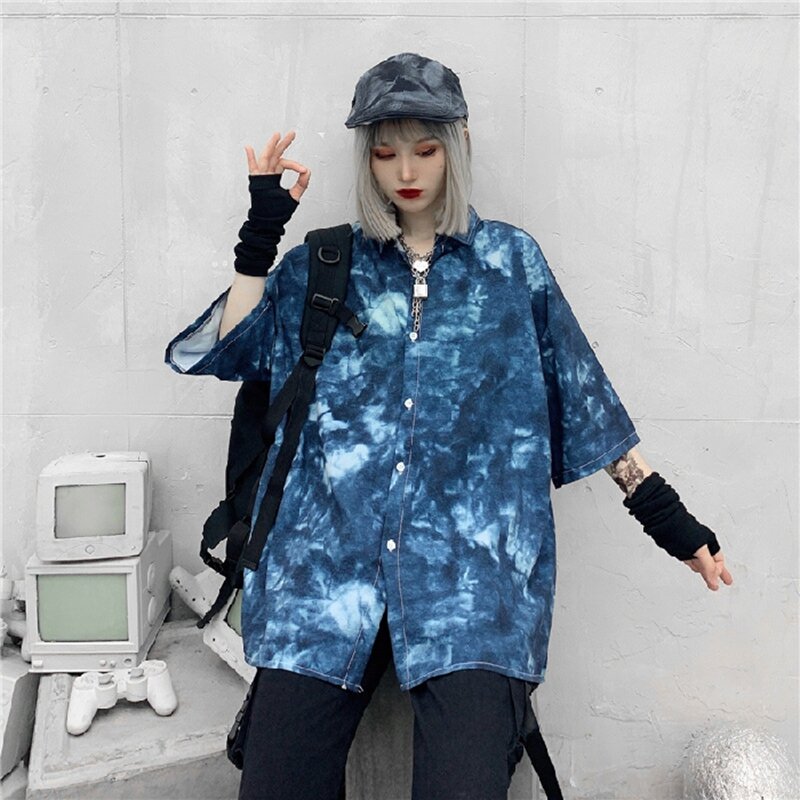 เสื้อผู้หญิงแขนสั้นพิมพ์ Blue Plus ขนาด3XL Retro หลวมหญิง Unisex ฤดูร้อน Harajuku Ins นักเรียน BF Top เก๋ Hip Hop