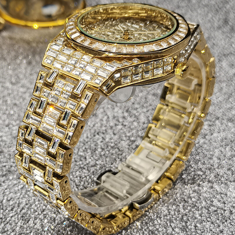MISSFOX męskie zegarki Top marka luksusowe Hip Hop pełna bagietka diamentowy zegarek Iced Out 18K złota wodoodporne zegary Relogio Masculino