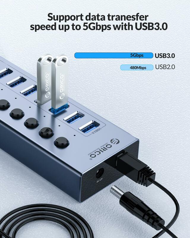 ORICO – HUB USB 3.0 alimenté, 7/10/13/16 Ports, Extension USB avec interrupteurs marche/arrêt, adaptateur 12V, prend en charge le séparateur de charge BC1.2 pour PC