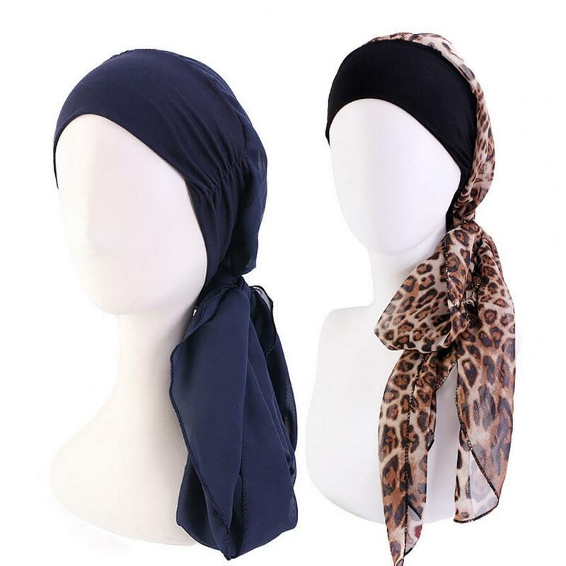 Fashion Sleep Hat Stretchy Lady Long Chiffon Ribbon Sleep Beanie  Head Wrap    Headscarf Cap