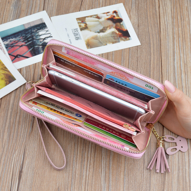 Geometryczne kobiety portfele z zamkiem błyskawicznym różowy telefon kieszeń torebka posiadacz karty Patchwork kobiety długi portfel pani Tassel krótkie monety kiesy