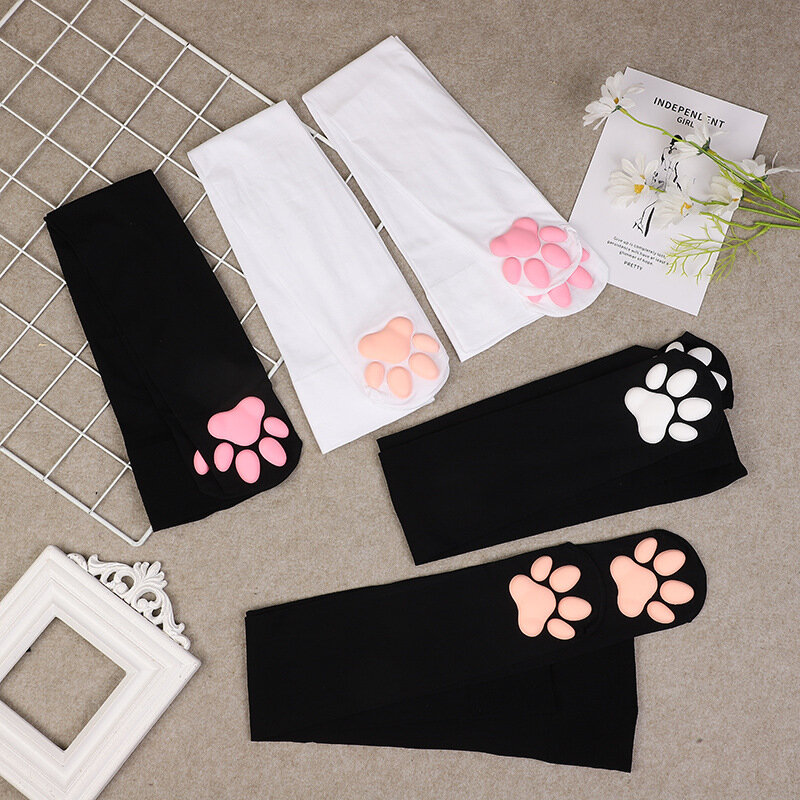 Medias de algodón suave para chica, medias con estampado de garra de gatito en 3D de Lolita, Anime, Cosplay, regalo para chica, medias bonitas hasta el muslo, almohadilla de patas de color rosa sólido Kawaii