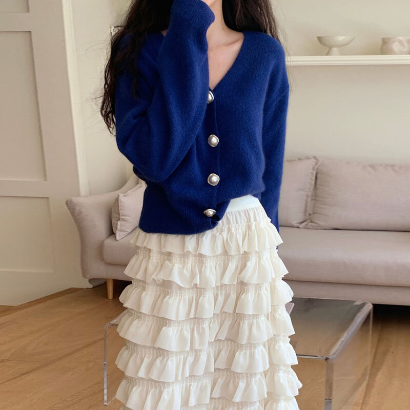 Áo Khoác Cardigan Nữ Hàn Quốc Sang Trọng Thu Cổ Chữ V Ngọc Trai Dệt Kim Áo Len Cardigan Cao Cấp Lớp Bánh Váy