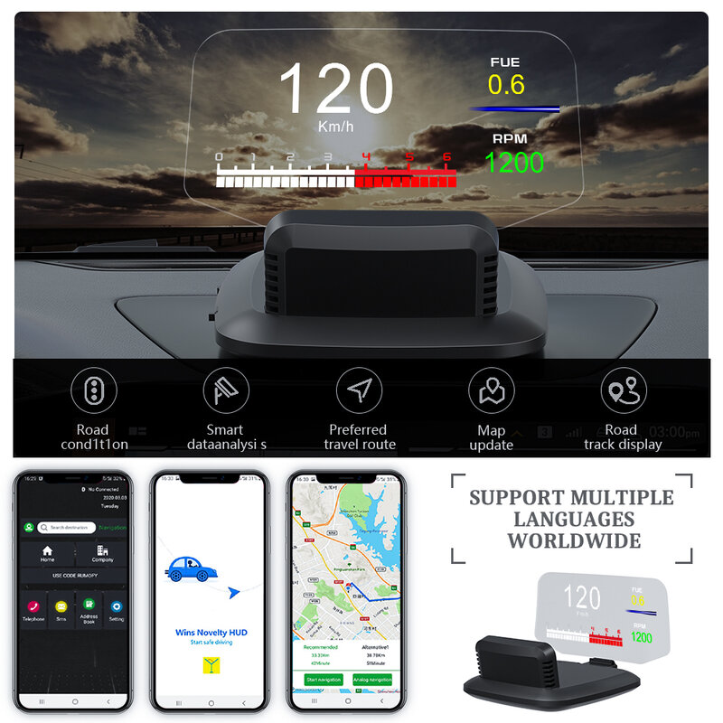 OBDHUD C1 OBD2 GPS HUD Dual System Digital Speed Mileage Meter Universal Navigation Projector Car Auto Alarm Head Up Display