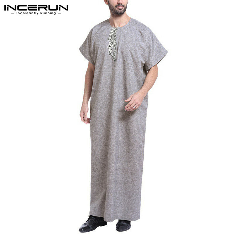 Платье INCERUN мусульманское мужское с принтом, кафтан с коротким рукавом в ретро стиле, свободная одежда из Дубая, Саудовской Аравии, Абая, мус...