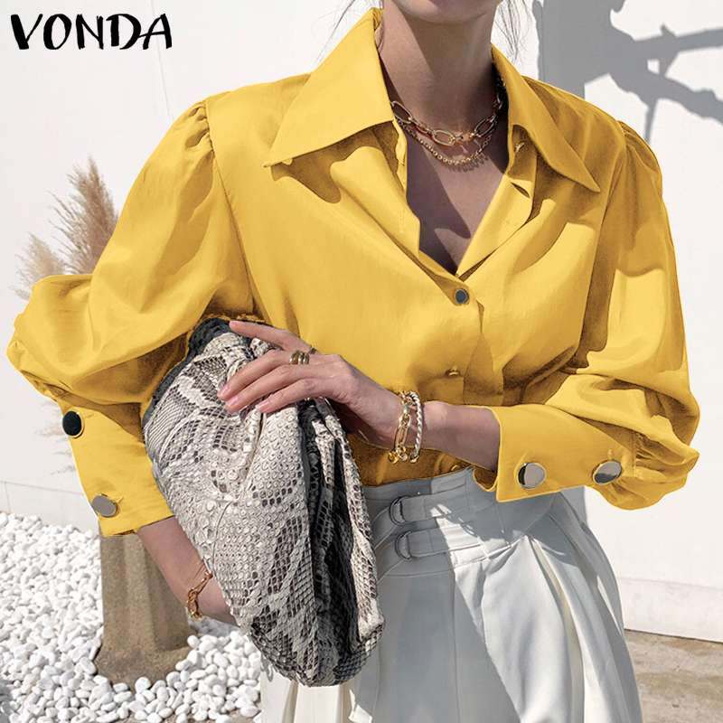 Офисные рубашки с длинным рукавом 2021 VONDA, женские атласные блузки с большим пышным рукавом, повседневные топы с лацканами и пуговицами, элег...