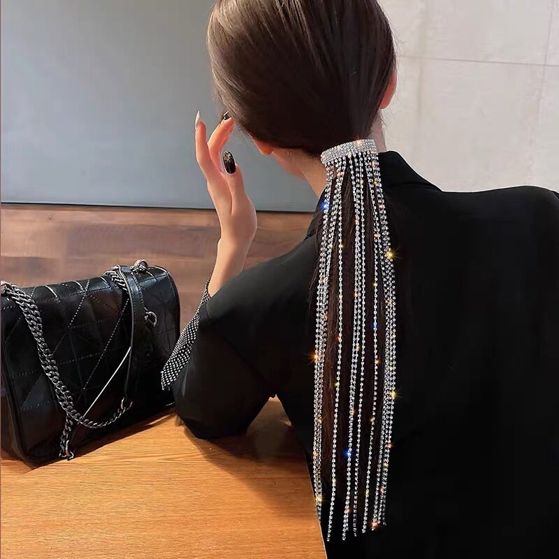 Mode Baru Logam Penuh Berlian Imitasi Jepit Rambut untuk Wanita Rumbai Panjang Kristal Aksesoris Rambut Pernikahan Perjamuan Perhiasan Aksesori