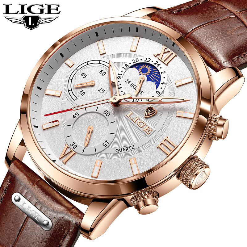 2021 New Mens Watches LIGE Top Brand Luxury Leather Casual Quartz Watch Men's Sport Waterproof Clock Watch Relogio Masculino+Box