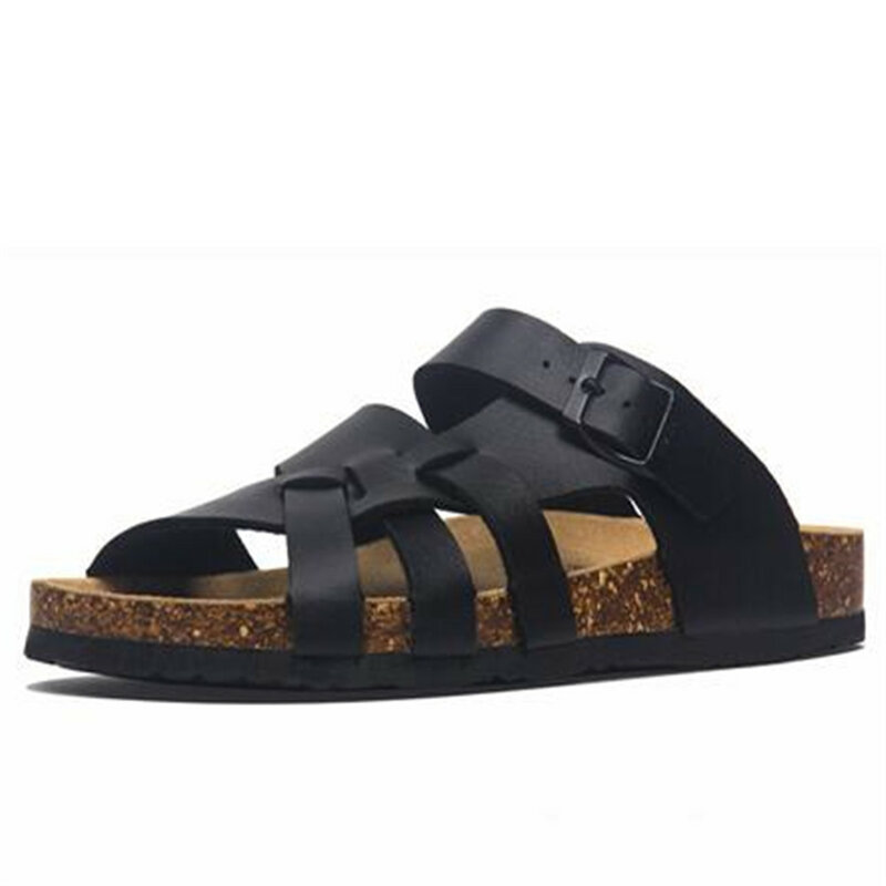 2020 New Men's Summer Flat Fashion Adjustable Men Slides Beach Flip-Flops Male Leather Black Cork Sandals Home Shoes 35-45 Black