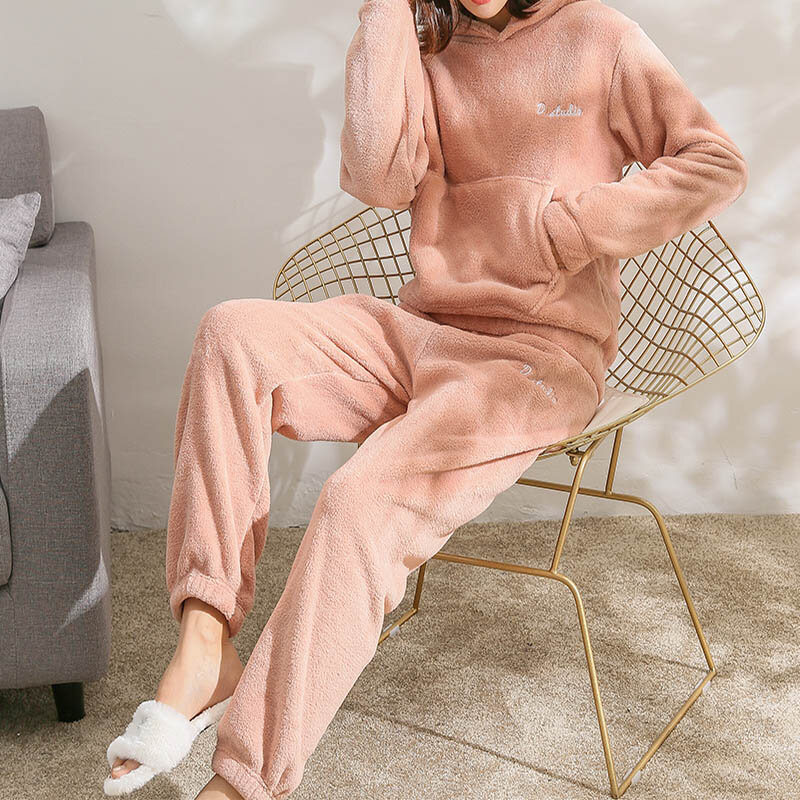 Mulheres pijamas definir inverno quente flanela pijamas homewear grosso feminino pijamas de pelúcia terno moletom com capuz cor sólida